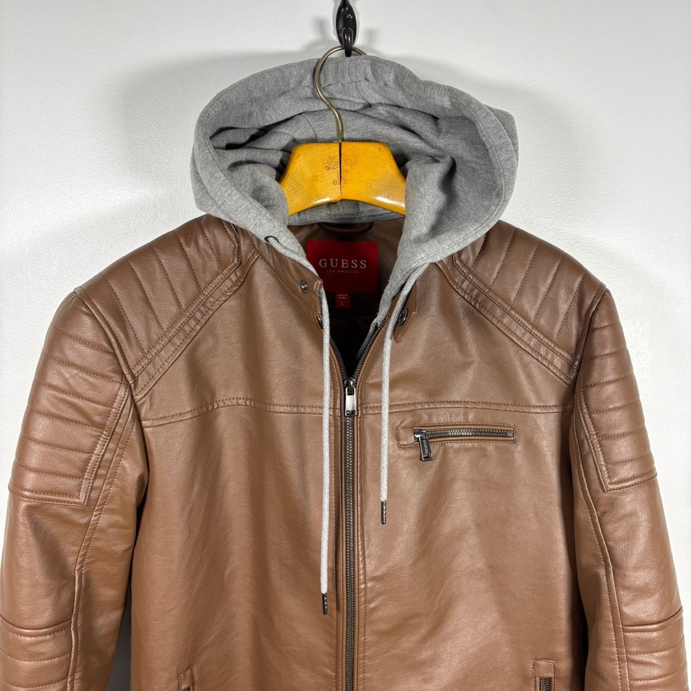 GUESS Mens Faux Leather Moto Jacket Brown Hooded Biker Coat Large L